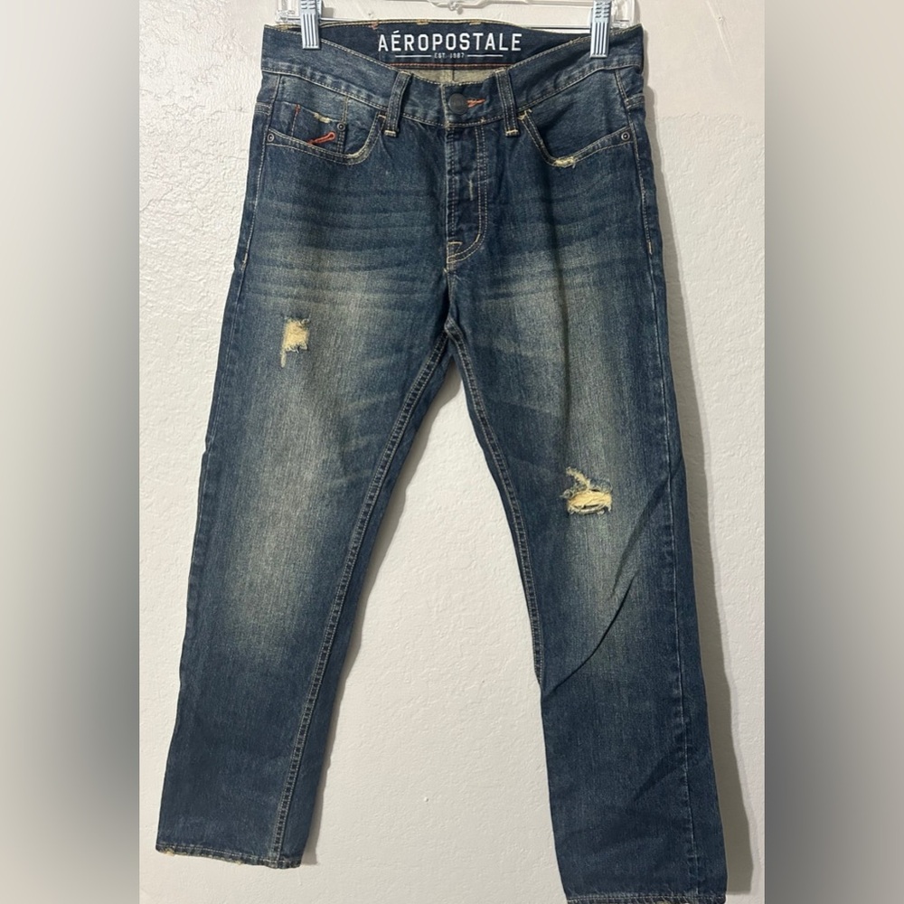 Aeropostale Men's Relaxed Fit Distressed Jeans - Dark Blue